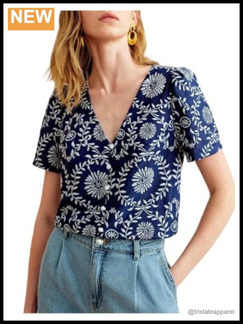 Women's Boho Embroidered Blouse Button Down V Neck Short Sleeve Summer Top